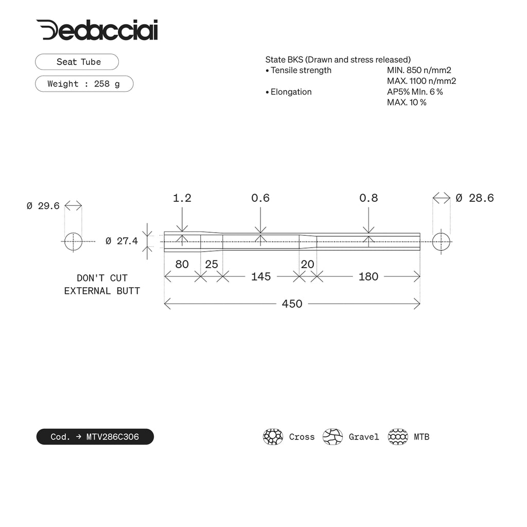 Dedacciai SEAT TUBE 28.6*450 EXT.BUTTED