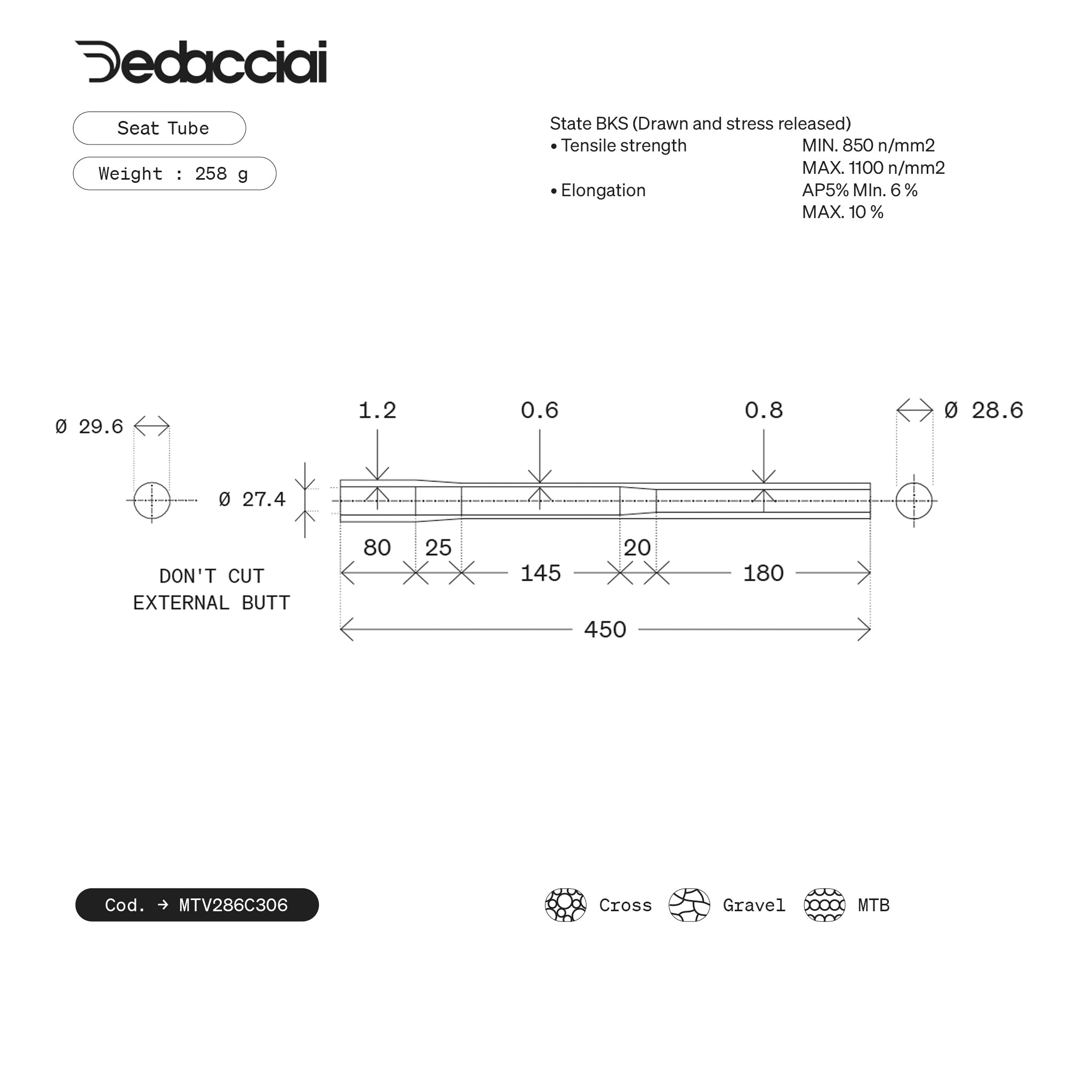 Dedacciai SEAT TUBE 28.6*450 EXT.BUTTED
